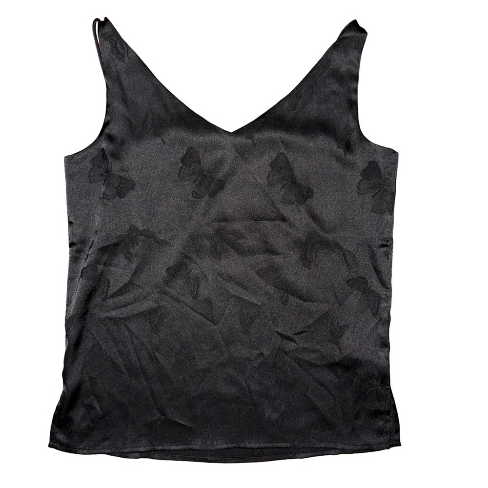 💖 NWOT Black Boutique V Neck Satin Cami Butterfly‎ Print Tank Top